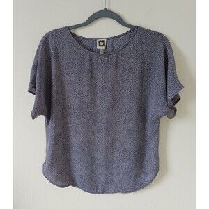 Anne‎ Klein Top Short Sleeve Scoop Neck Polka Dot Blue White  Size S